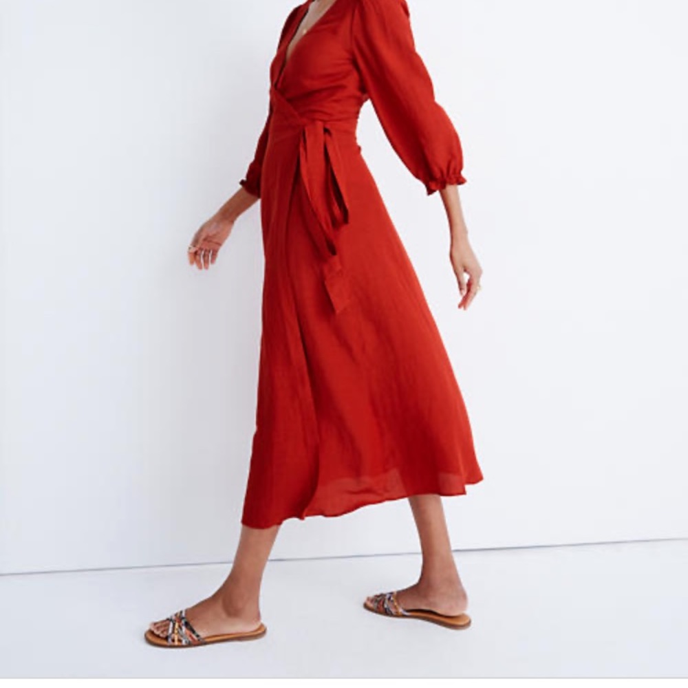Red, linen wrap dress